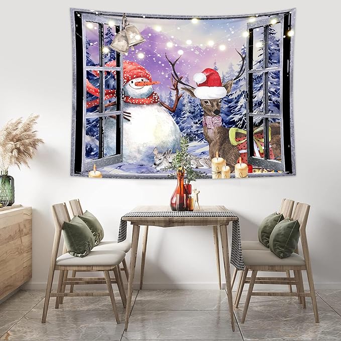 QGHOT Christmas Window Tapestry Wall Hanging Christmas Backdrop Winter Window Wall Decor Xmas Snowman Deer Tapestries for Bedroom Living Room Dorm Holiday Party Decoration, Extra Large