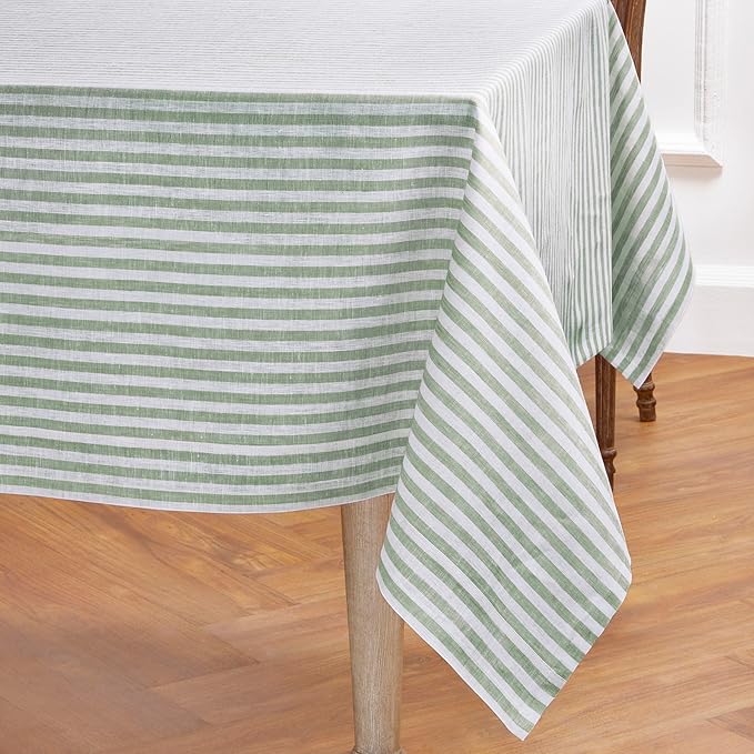 Solino Home Linen Striped Tablecloth 60 x 90 Inch - 100% Pure Linen Green and White Table Cloth for Rectangle Tables - Amalfi Stripe, Machine Washable Tablecloth for Fall, Autumn