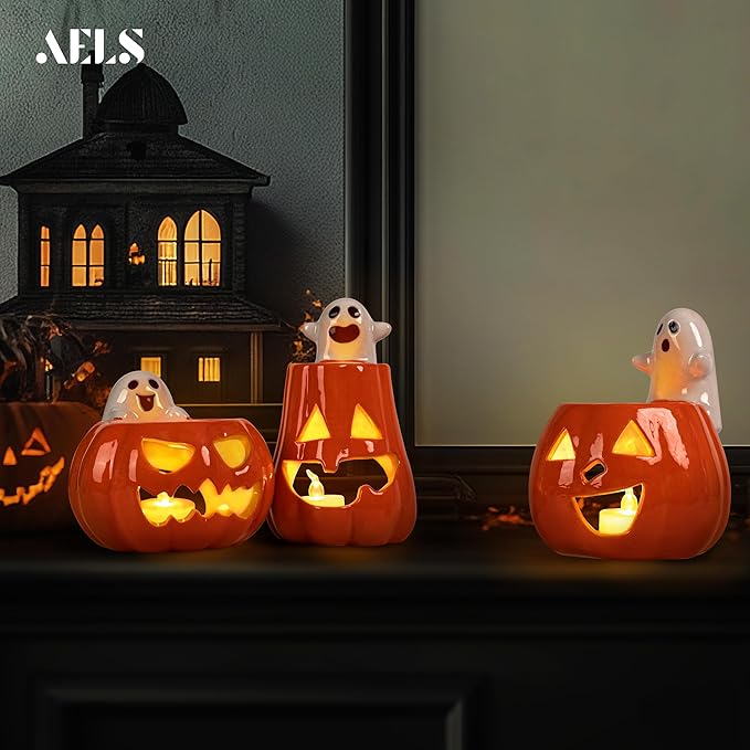 AELS Halloween Pumpkin Tealight Holders – Set of 3 Ceramic Jack O' Lantern Candle Holders with Ghosts, Spooky Sculptures Ghost Figurines, Indoor Tabletop Decorations for Holiday Party Home