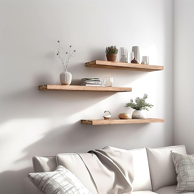 Wood Floating Shelves for Wall Decor, Rustic Wall Shelves for Bedroom Bathroom Kitchen Living Room, Set of 4 Light Walnut 24 Inch