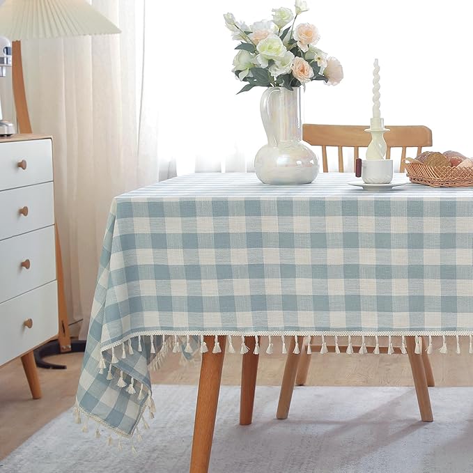 JIALE Gingham Tablecloth Rectangle Cotton Linen Fabric Checkered Table Cloth with Tassel Washable Wrinkle Free Buffalo Plaid Table Cover for Easter Party Outdoor Picnic Kitchen Dining, Blue, 55x75
