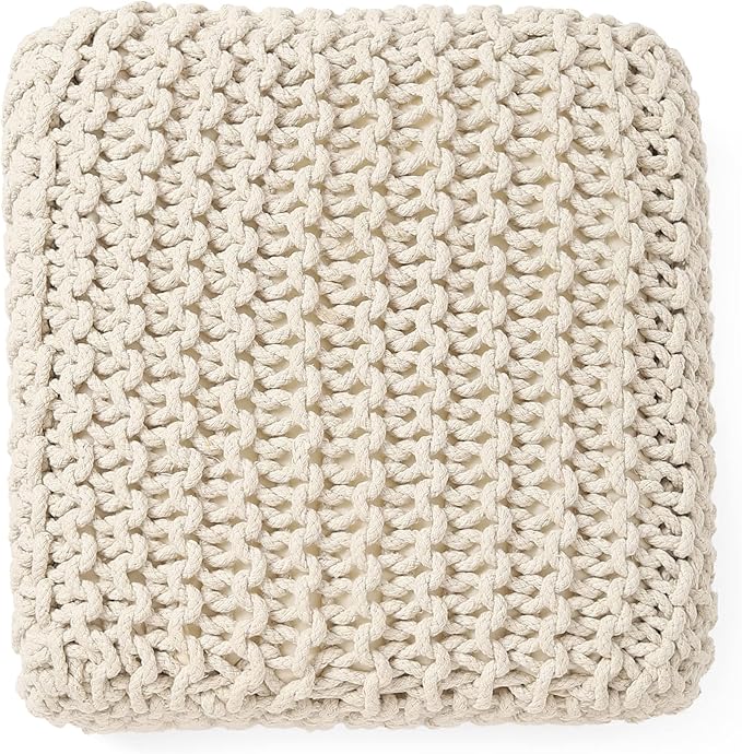 REDEARTH · Cube Low Pouf Foot Stool Ottoman - Hand Knitted Poof - Cord Boho Pouffe - Home Décor - Stuffed Footrest for Living Room - Nursery - Bedroom - Covered Patio - Room (16" x 16" x 8") - Ivory