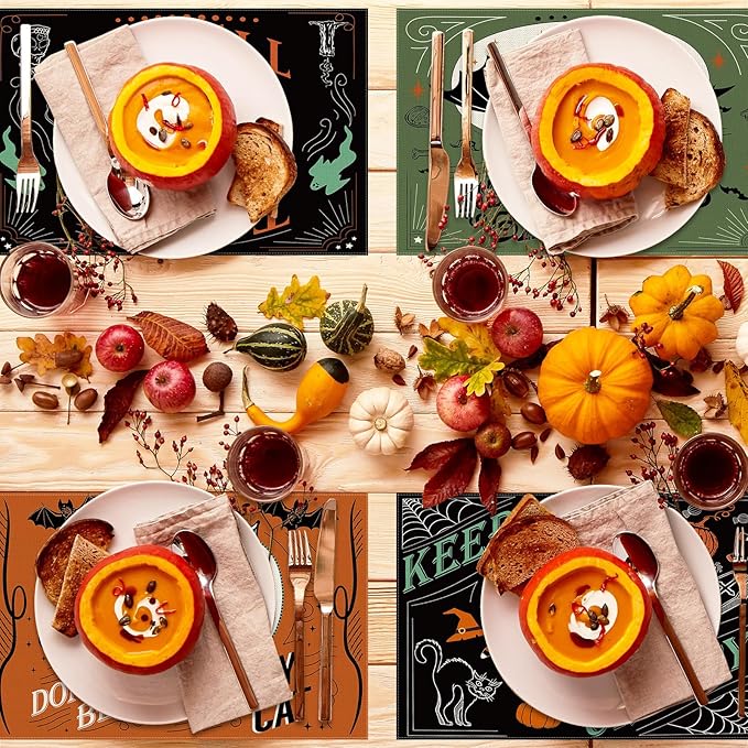 4Pcs Halloween Placemats Pumpkin Bat Black Cat Skeleton Table Mat Vintage Decorative Place Mats for Party Table Setting Decor, 12 x 18 Inch