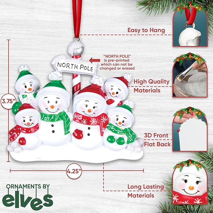 3D Frosty Snowman Family of 6 Christmas Ornament 2025 Personalized Family Christmas Ornaments 2025 | Winter Holiday Snowmen Personalized Tree Ornaments Customizable Gifts Snow People of Six Ornament