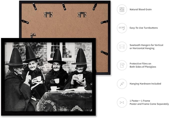 Poster Master Classic Photograph Poster - Vintage Halloween Print - Gift for Artist, Friend - Witches Tea Party, Old Women Smiling, Wearing Robes - Wall Decor for Living Room, 8x10 Black Framed