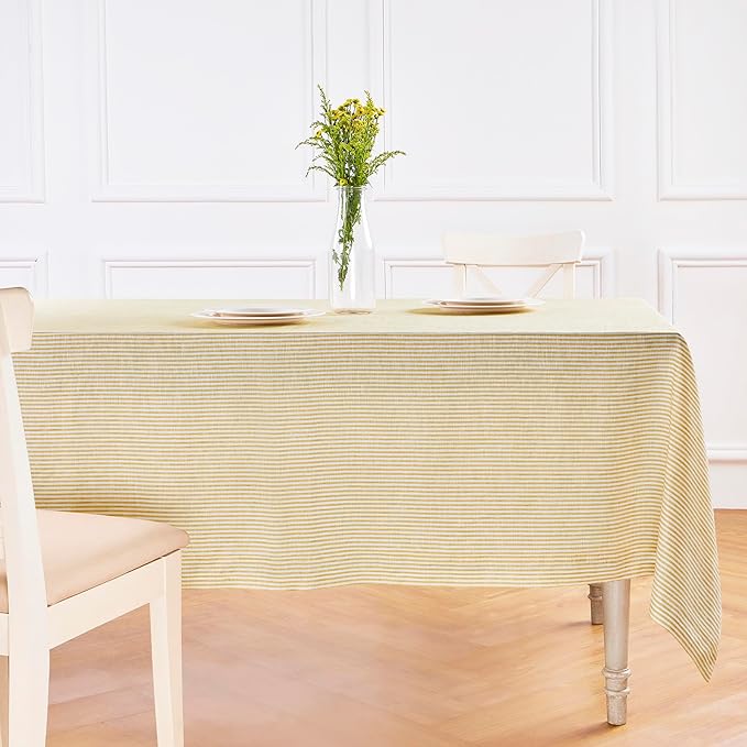 Solino Home Linen Tablecloth 60 x 144 Inch - Narrow Stripe 100% Pure Linen Spicy Mustard and White Table Cloth for Rectangle Tables - Machine Washable Tablecloth