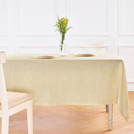 Solino Home Linen Tablecloth 60 x 144 Inch - Narrow Stripe 100% Pure Linen Spicy Mustard and White Table Cloth for Rectangle Tables - Machine Washable Tablecloth