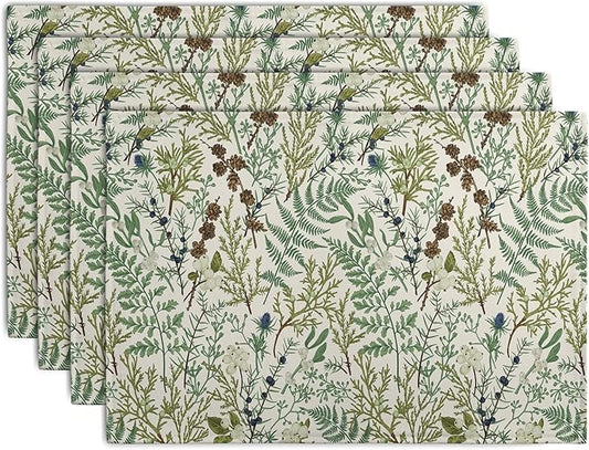 Sage Green Botanical Floral Placemats Set of 4 Vintage Tropical Herbs Fern Leaves Place Mats 12x18 Inch Seasonal Plant Spring Summer Linen Fabric Table Mats for Party Kitchen Dining Decor