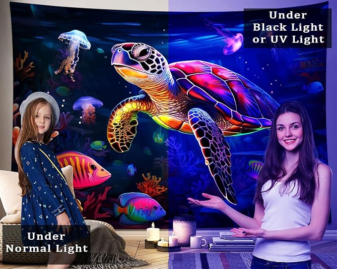 QGHOT Turtle Tapestry, Blacklight Ocean Tapestry Wall Hanging Undersea Black Light Poster for Kids Glow in the Dark for Kids Bedroom Children Toddler Room Decor 90x70in