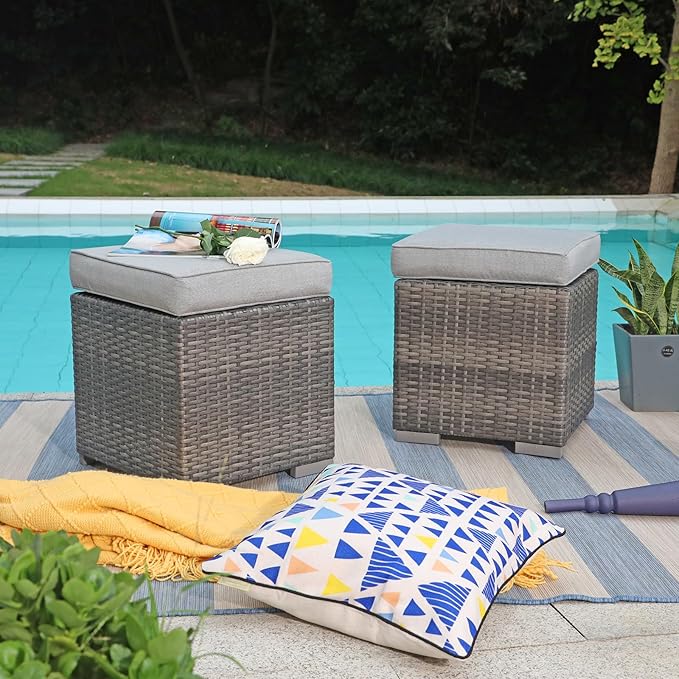 Patiorama 2 Pieces Assembled Outdoor Patio Ottoman, Indoor Outdoor All-Weather Grey Wicker Rattan Outdoor Footstool Footrest Seat with Light Grey Cushions, No Assembly Required