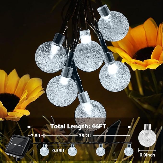 Outdoor Solar String Lights, 2x46FT 66LED 8Modes Crystal Solar Powered Christmas Fairy String Lights Waterproof for Outside Yard Fence Easter Holiday Party Garden Decor 2Pack(Pure White)