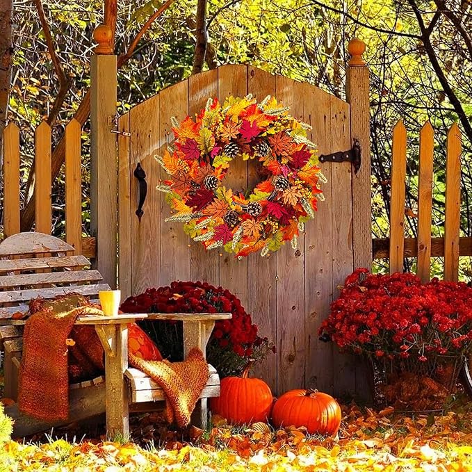 Fall Wreaths for Front Door, 24" Autumn Wreath with Berry Wood Maple Leaves and Pine Cones, Orange Thanksgiving Wreath for Outside Indoor Wall Window Home Festival Decor