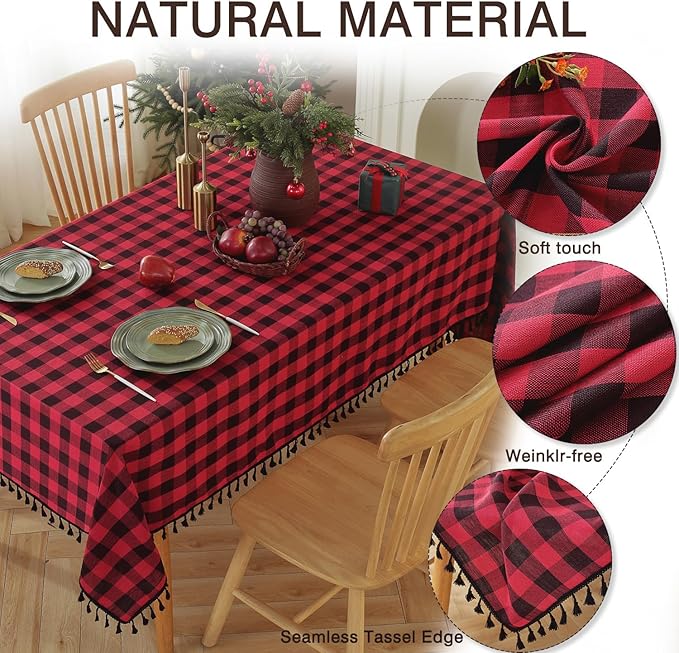 JIALE Gingham Tablecloth Rectangle Cotton Linen Fabric Checkered Table Cloth with Tassel Washable Wrinkle Free Buffalo Plaid Table Cover for Christmas, Party Kitchen Dining,red and Black, 55x90