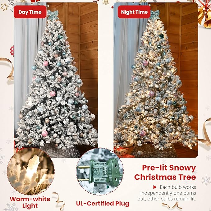 4 ft Prelit Flocked Christmas Tree with Pine Cones & 150 UL Lights, Snow Frosted Artificial Christmas Tree with Auto Hinged Stand for Holiday Decor