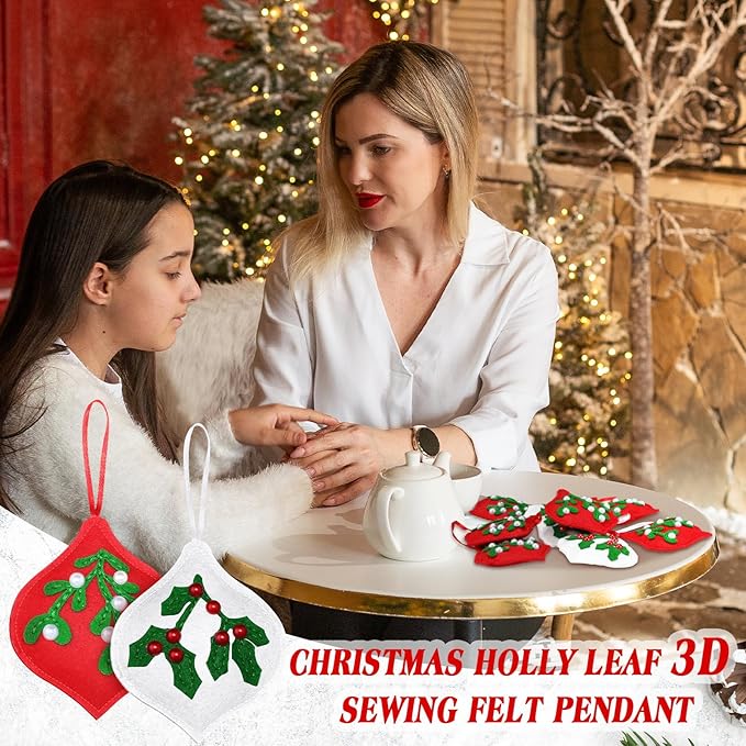 12 Pcs Christmas Felt Ornaments for Tree Red and White Mistletoe and Holly Leaves with Berries Poinsettias 3D Hanging Decorations Hanging Felt Craft for Christmas Party Favors Gifts