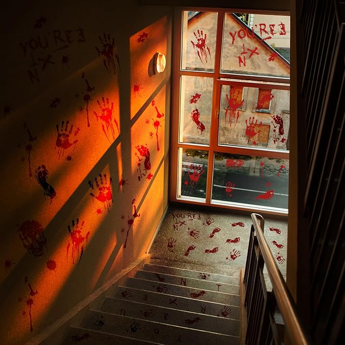 Halloween Decorations-10 Sheets Halloweens Window Clings-Scary Bloody Handprint Skullprint Footprint Window Stickers Decals for Window Floor Glass Bathroom Indoor Outdoor Party Decor