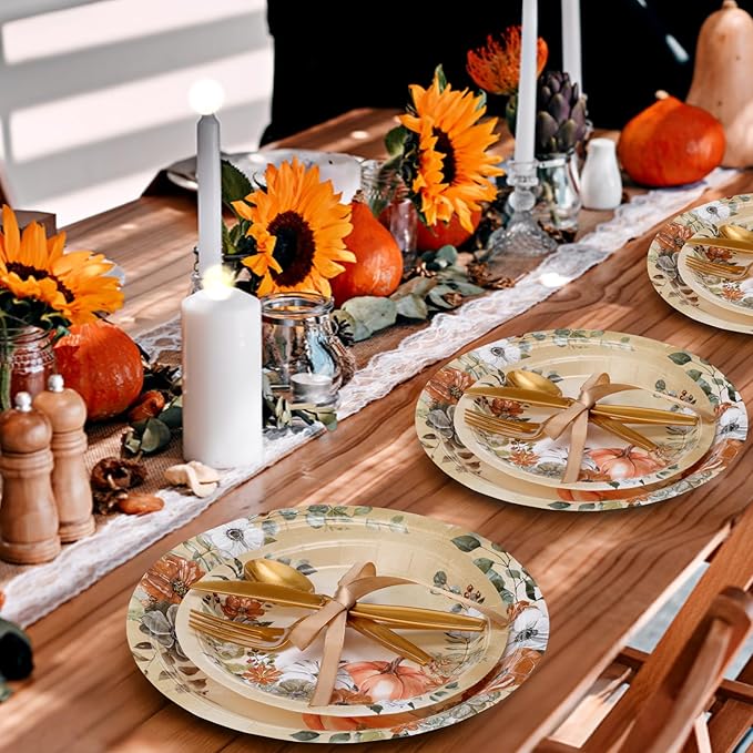 350 Pcs Thanksgiving Fall Party Supplies Dinnerware Set Disposable Plates Napkins Paper Cups Plastic Cutlery for Autumn Thanksgiving Harvest Party Decor Serves 50 (Pumpkin Floral)