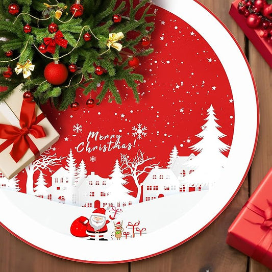 Christmas Tree Skirt 48 Inches Red Xmas Soft Cover Mat Decor Retro Xmas Tree Skirt for New Year Holiday Ornaments Indoor Outdoor Decorations (Merry Chrismas)