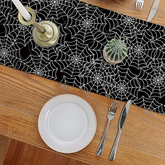 Halloween Table Runner Spider Web Black Linen Table Runners for Seasonal Holidays Indoor Outdoor Kitchen Dining Party Home Decor 13 x 60 Inch