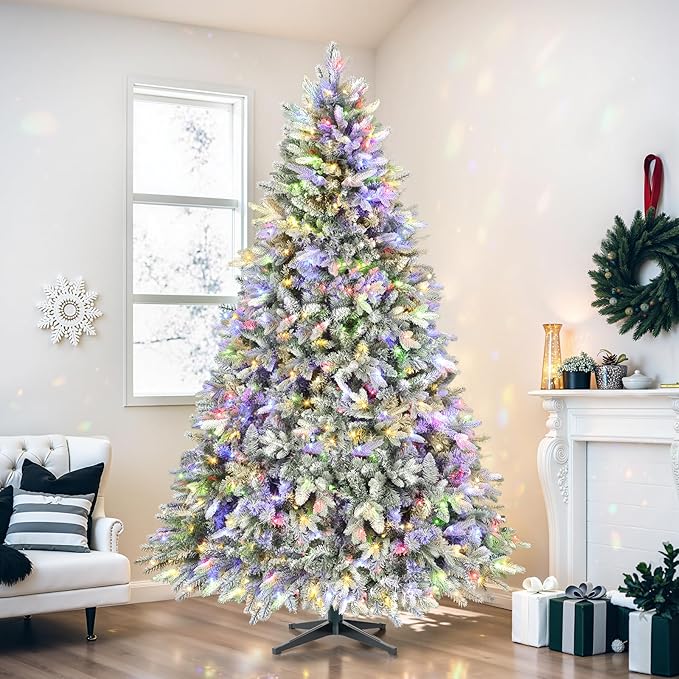 9ft 360° Rotating Pre-Lit Snow Flocked Christmas Tree, Built-in Music, Remote Control, 8 Light-Modes, White Christmas Tree for Home Decor