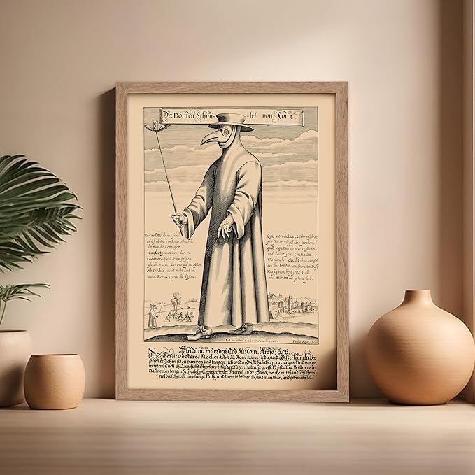 Poster Master Vintage Medieval Poster - Retro Illustration Print - Gift for Friend - Plague Doctor, Pandemic Mask, Physician, Black Death - Wall Decor for Home, Living Room, 16x20 Beige Framed