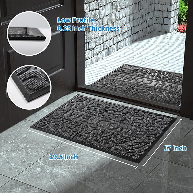 Yimobra Welcome Door Mat Outdoor Indoor, Non Slip Front Doormats, Heavy Duty Rubber Backing, Low-Profile Entrance Mat, Absorbent Resist Dirt, Easy Clean Patio Garage Floor Mats, 29.5 x 17, Grey