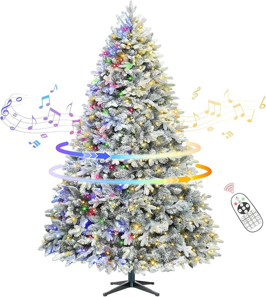 7.5FT Snow Flocked Pre-Lit Christmas Tree with 360° Rotating Base, 1470 PE/PVC Tips, 470 LED Lights, 8 Modes, Dimmable and Timer Functions, Musical Artificial Xmas Tree for Holiday Decor