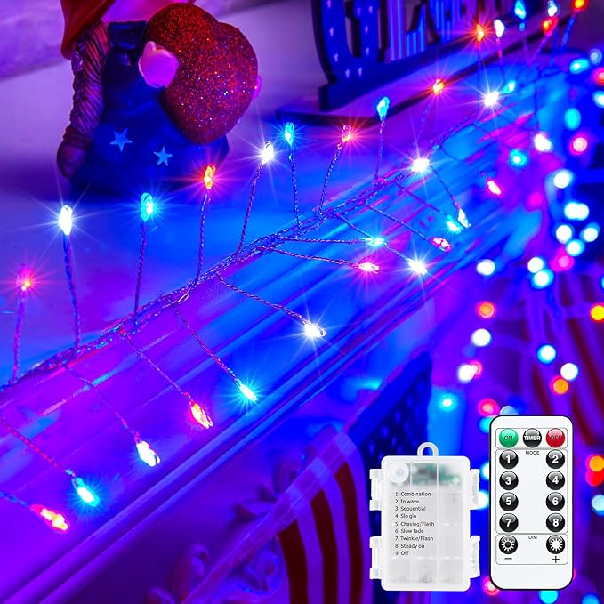 4th of July Decorations Red White and Blue Fairy Lights Battery Operated, 10 Feet 120LEDs Firecracker String Lights with Remote, Twinkle Lights for DIY Wreath Indoor Outdoor Independence Day Decor