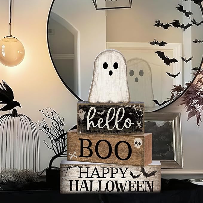 4 Pcs Halloween Table Decoration Wooden Ghost Tiered Tray Decor Rustic Wood Surprised Ghost Block Signs Halloween Centerpiece Farmhouse for Home Tabletop Kitchen Shelf and Party Gift