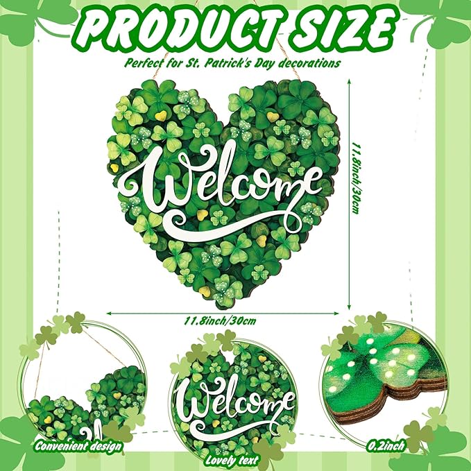 Boao St. Patrick's Day Shamrock Sign Wooden Hanging Decor Farmhouse Rustic Door Decoration St. Patrick's Day Wreath Sign with Bow Ornament for Irish Home Indoor Holiday Outdoor Farmhouse Window