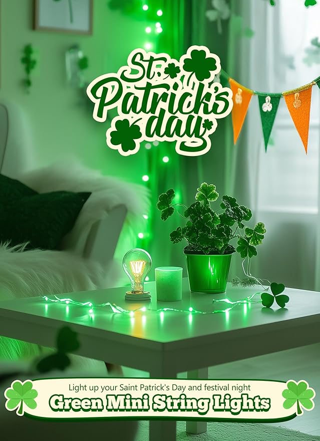 St. Patrick's Day Green Mini Lights, 8ft 20 LED Battery Operated String Lights with Timer, Christmas Tree Lights for Indoor Outdoor Bedroom Wedding Party Holiday Xmas Decoration