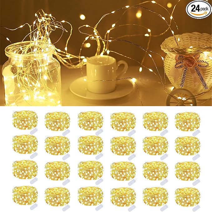 24 Pack Fairy Lights Battery Operated 7 Feet 20 Led Christmas Twinkle String Lights Silver Wire Waterproof for Classroom Christmas Valentine's Day Mason Jars Centerpiece Table Decorations (Warm White)