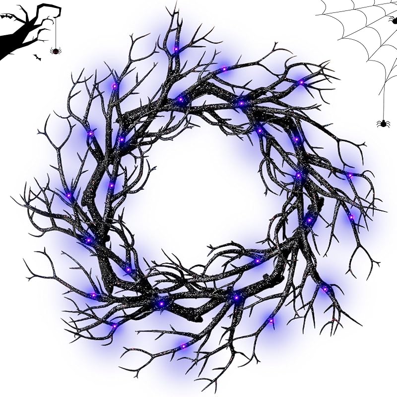 Halloween Black Branch Wreath, 20 Inch Glitter Black Twig Halloween Wreaths with Purple Lights for Front Door Indoor Outdoor Party Window Wall Decor Farmhouse Garland Yard