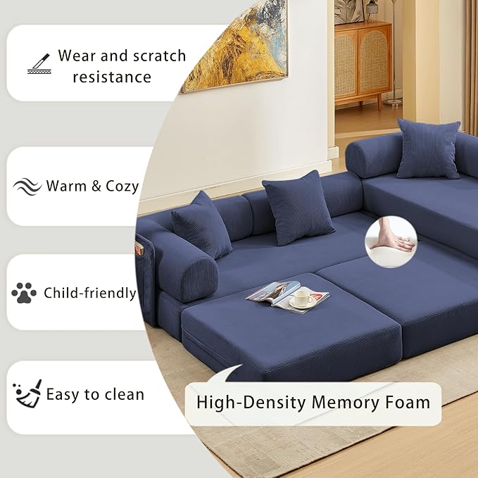 107" Oversized Convertible Sleeper Sofa Bed, Corduroy L Shape Sectional Couch, Folding Sofa Bed with Side Pocket, Modern Cloud Floor Mattress Couch,Modular Sofa for Living Room,Dark Blue