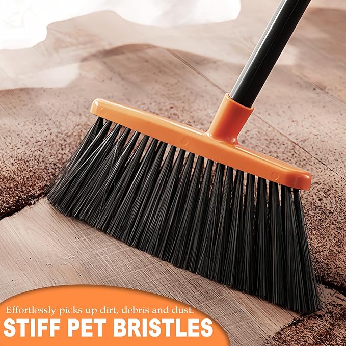 Small Broom Stiff Bristles Brush with Long Handle Indoor or Outdoor Compact Broom for Sweeping Patio Garage Garden,Deck,Concrete Floor,Bathroom (Orange)