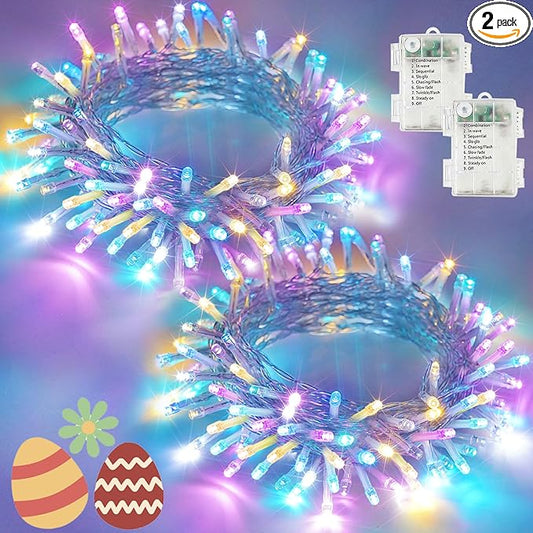 Easter Lights Battery Operated Fairy Lights, 2 Pack 33FT 100LED Multicolor easter String Lights, 8 Modes Waterproof Pastel Light Indoor Outdoor, Twinkle Lights for Room Garden Party Easter Decorations