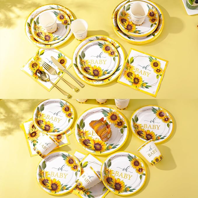 168Pcs Sunflower Baby Shower Decorations for Girl, Baby Shower Plates and Cups and Napkins Sets, Sunflower Plates Serve 24, Baby In Bloom Yellow Oh Baby Party, Easter Spring Summer Fall Party