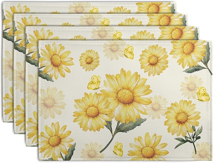 Sunflower Placemats Set of 4 Summer Yellow Floral Table Mat 12x18 Inch Farmhouse Daisy Flower Linen Fabric Place Mats for Party Kitchen Dining Outdoor Indoor Decor