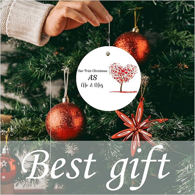 2024 First Christmas Married Ornament, Just Married Mr and Mrs Ceramic Ornament, 2.9 Round Newlywed Wedding Decoration for Couples