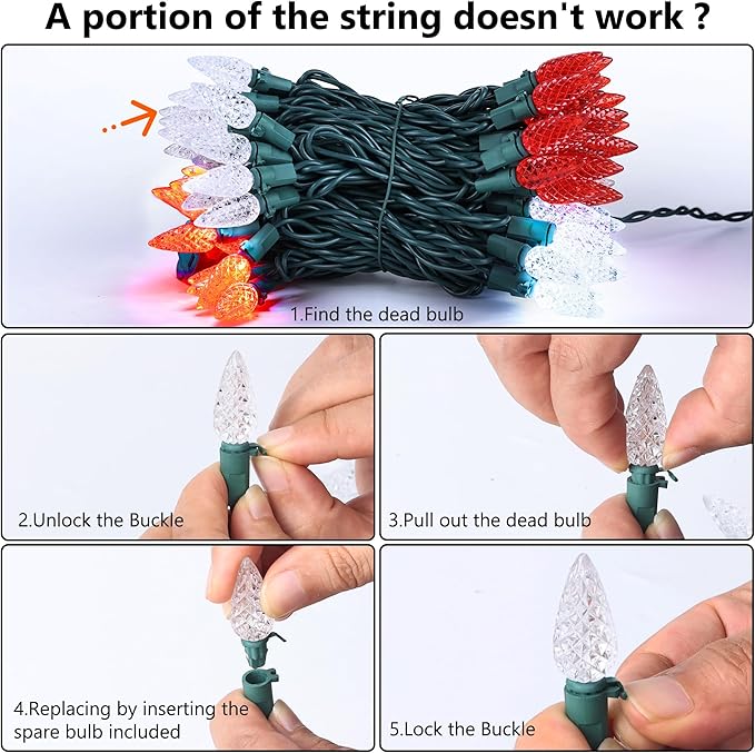 Brizled Red & White C5 Christmas Lights, 33ft 100 LED Christmas tree Lights, Connectable 120V UL Certified Faceted Christmas Lights Outdoor Indoor Xmas Lights for Christmas Tree Party Roof Decoration