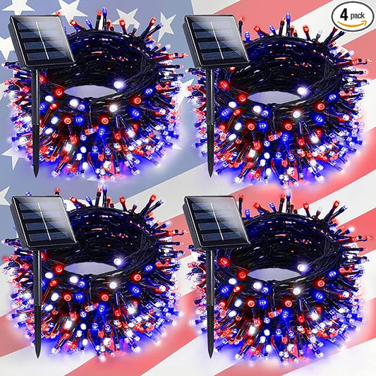 4th of July Decorations Outdoor, 4pk Red White and Blue Solar String Lights, 400LED 132FT LED Patriotic Light Waterproof, Solar Fairy Twinkle Light for Independence Day Yard Garden Tree Decorations