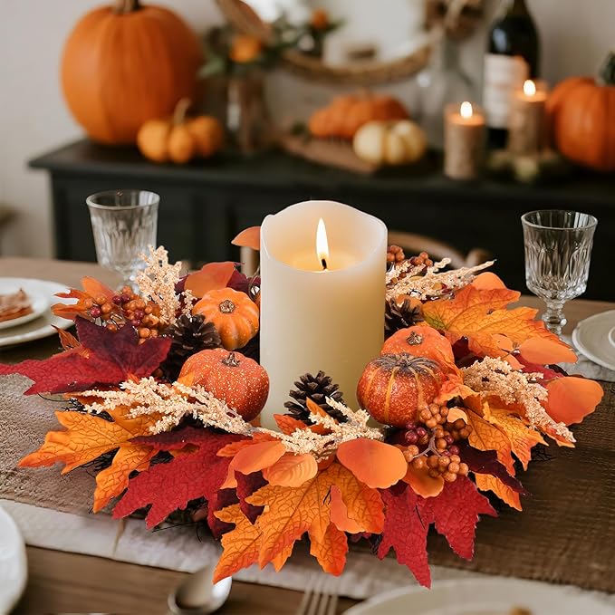 20 Inch Thanksgiving Fall Wreath, Berries Pumpkins Maple Leaves Pine Cones Autumn Wreaths with Hook for Front Door, Fall Decor, Porch Wall Home Outdoor Holiday Decorations Wreath for Autumn