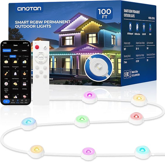 CINOTON Permanent Outdoor Lights 100ft, Smart RGBW Eaves Lights with 72 LEDs, IP67 Waterproof, 111 Scene Modes for Daily and Festival, Halloween Christmas Party Holiday Decor, APP/Voice/Remote Control