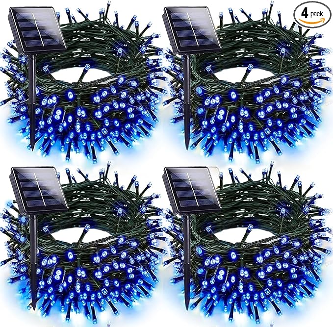 Solar Christmas Lights Outdoor Decorations Waterproof, Tatal 4 Pack 400LED 132FT Blue Solar String Lights Green Wire with 8 Modes, Christmas Fairy Light for Xmas Tree Party Wedding Yard Garden Decor