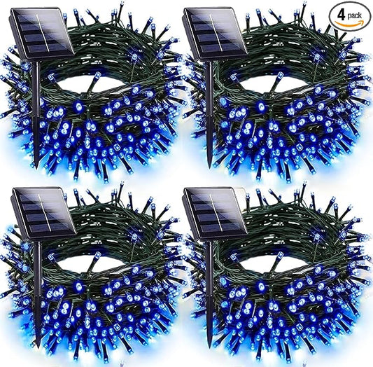 Solar Christmas Lights Outdoor Decorations Waterproof, Tatal 4 Pack 400LED 132FT Blue Solar String Lights Green Wire with 8 Modes, Christmas Fairy Light for Xmas Tree Party Wedding Yard Garden Decor