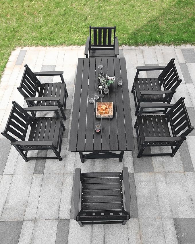 7 Pieces HDPE Outdoor Dining Set, Patio Dining Set with Umbrella Hole, All Weather Outdoor Dining Table Sets for 6, HDPE Patio Furniture Sets for Deck, Backyard, Lawn, and Poolside, Obsidian