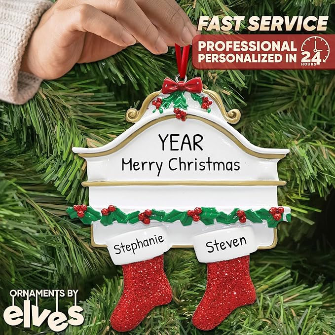 3D Personalized Our First Christmas Ornament 2025 Fireplace Couple Ornaments Mantle Couples Ornament 2025 Family of 2 Stockings Unique for a Couple Ornaments Couples Unique Gifts