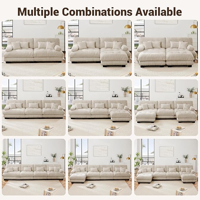 Modular Sectional Sofa, L Shaped Couch with Ottoman, 2 Seater Cloud Couch Small Couches for Small Spaces, Modern Deep Seat Sofa Living Room Oversized Loveseat W/Bolster Armrests 4 Pillows