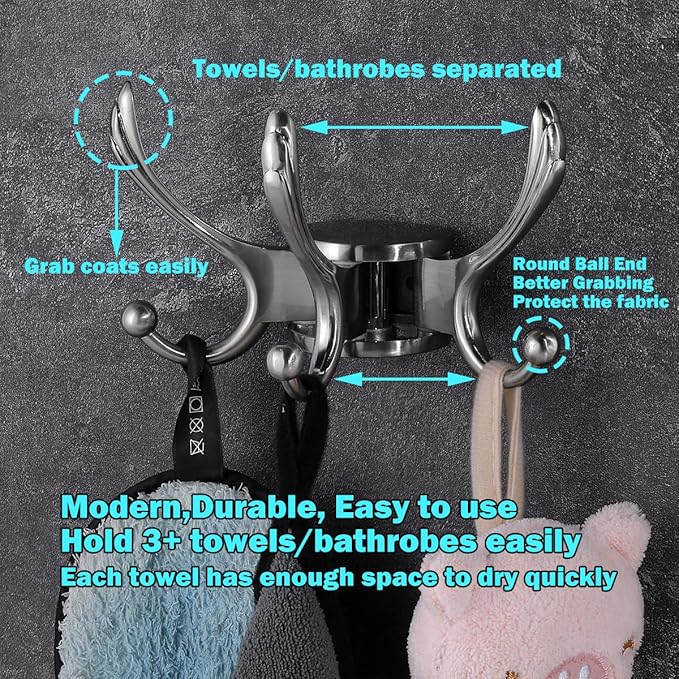 Swivel Coat Hook 2 Pack Heavy Duty Space Saving Towel Rope Hook Wall Mount Triple Swing Arms for RV Bathroom Kitchen Garage,Brushed Nickel