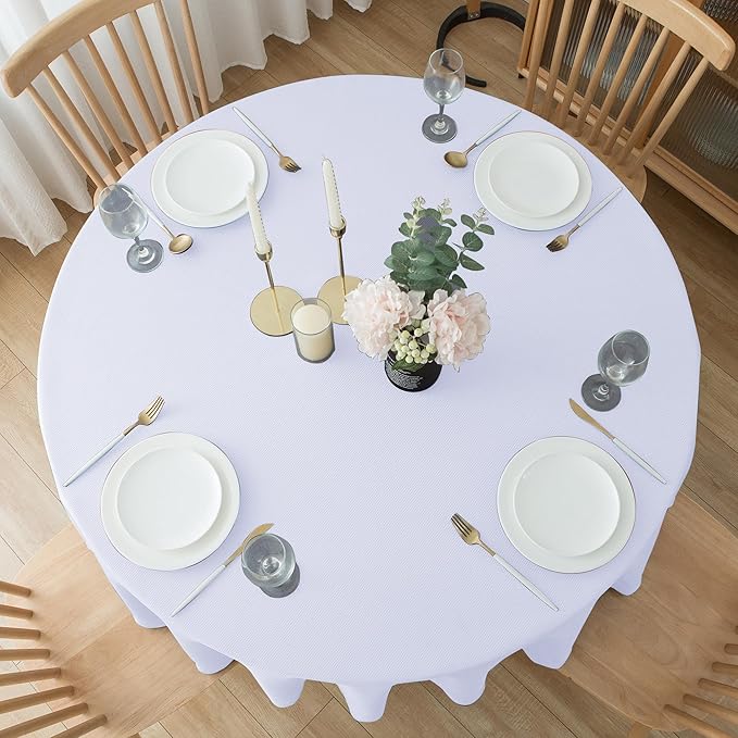 Biscaynebay Textured Fabric Round Tablecloths 90", White Water Resistant Table Cloths Circle Folding Table Covers Linen for Dining, Kitchen, Wedding and Parties etc.